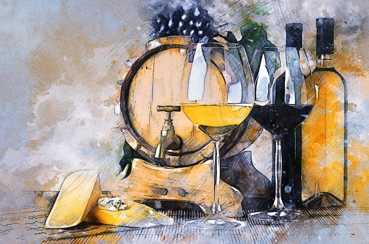 artistic representation of wine glasses and cheese